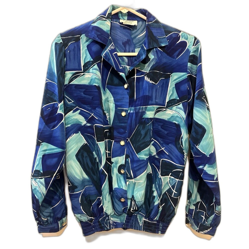 Vintage 80s Blouson Shirt Blue Abstract Geometric Print Made USA T Marie Medium